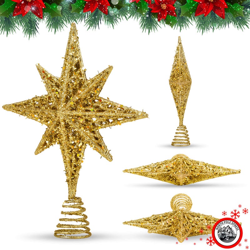 NorthPoleXpress 8 Inch Bethlehem Glitter Gold Star Christmas Tree Topper | Tree Toppers | Christmas Star Tree Topper | Rustic Tree Toppers Christmas Decorations | Christmas Tree Topper for 3-6 ft Trees - Image 3